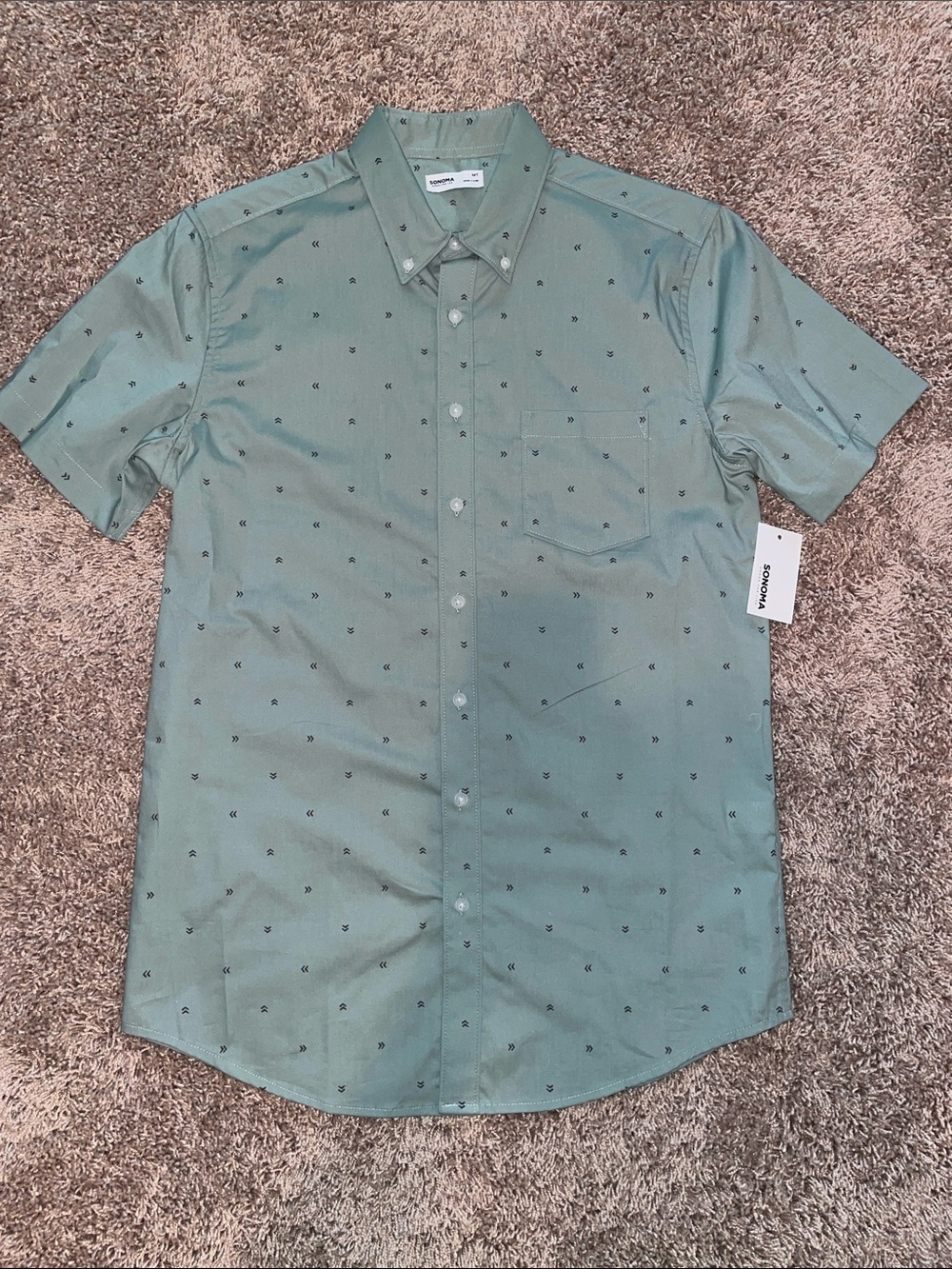 NWT Sonoma Short Sleeve Button-Down Shirt in Sage Green with Micro Print